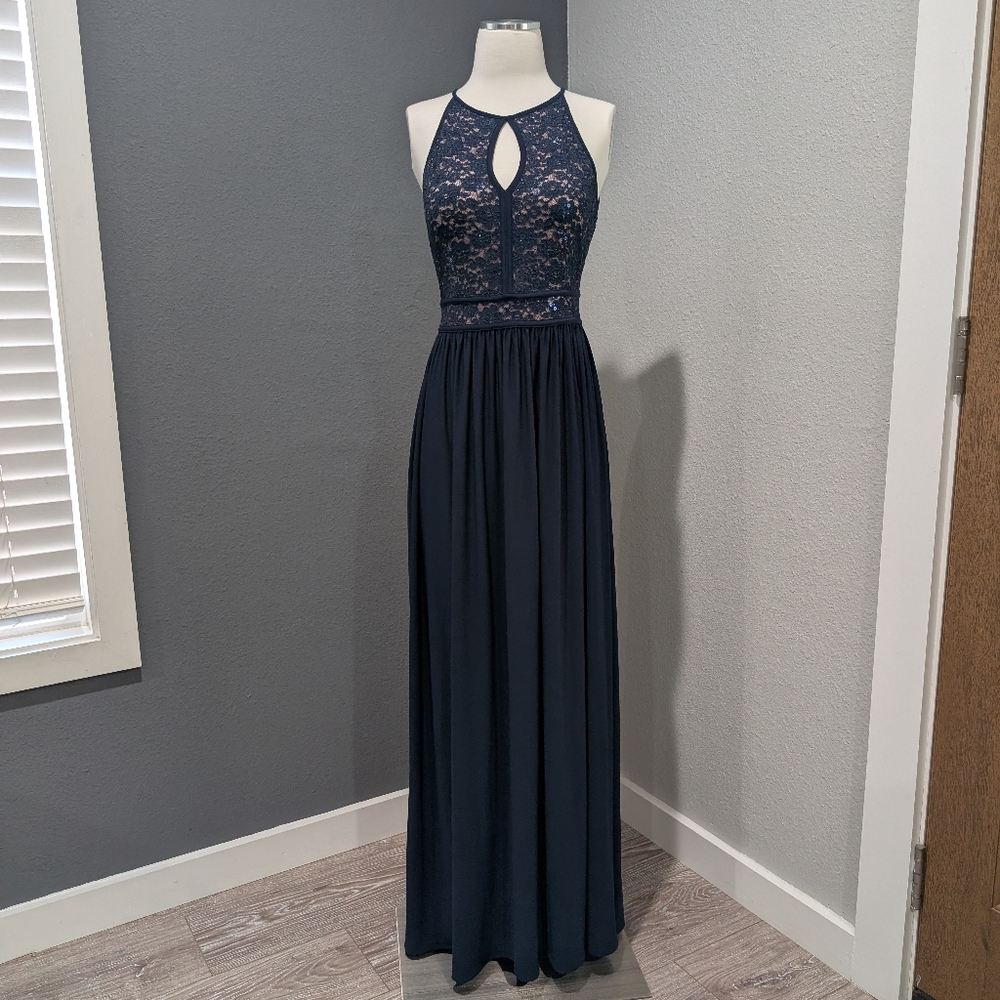 Nightway Navy Blue Lace Sequin Halter Gown Size 8